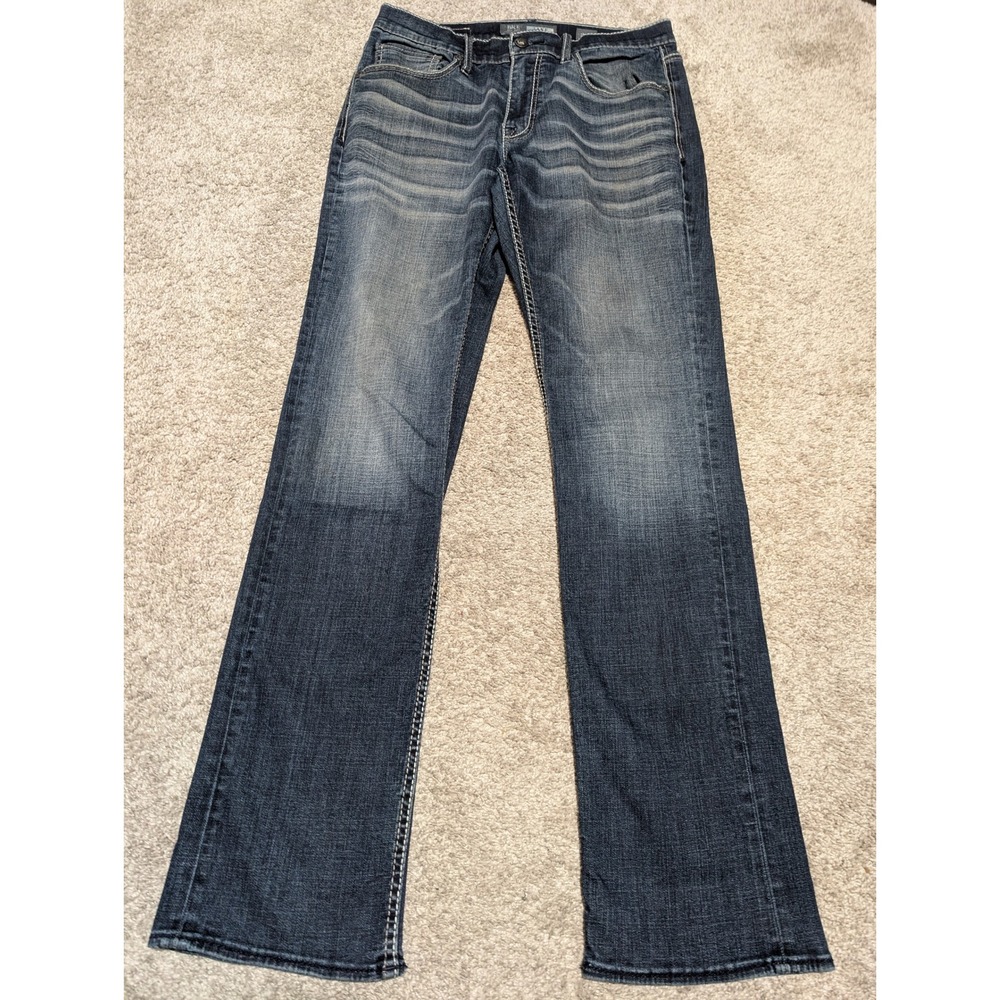 BKE Jeans Mens 32L Blue Jake Straight Leg Stretch Dark Wash Embroidered Casual - Picture 1 of 9